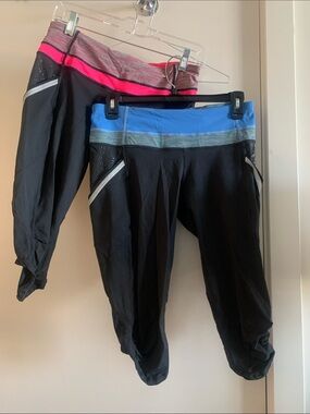 Lululemon Black Active Capri with Blue and pink Waistbands, 2 sets, size 8